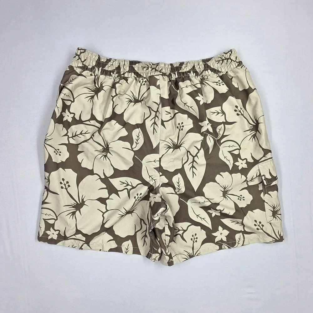 Islander Mens Large Brown Tan Hibiscus Floral Swim Trunks Board Shorts Cargo
